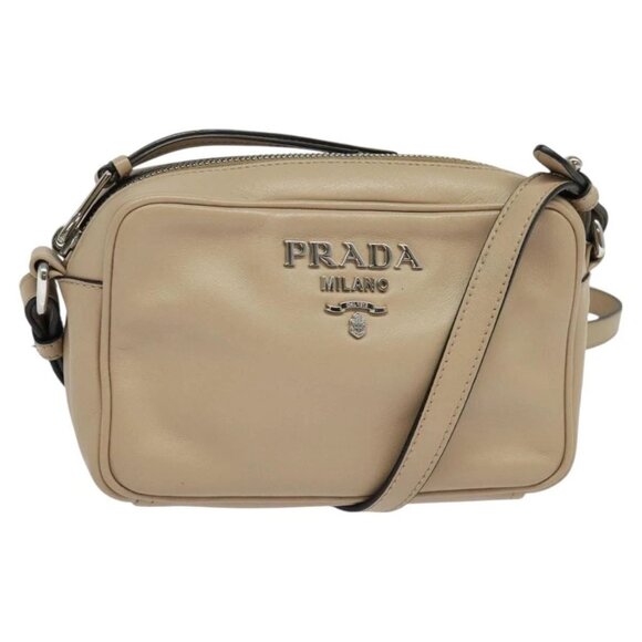 PRADA Shoulder Bag Leather Beige Silver Auth - Picture 1 of 16